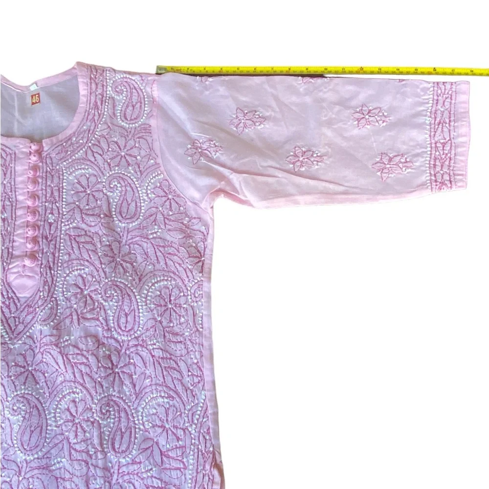 Chikankari Hand-Embroidered Straight Pink Kurti Tunic size 42, US L. NEW - Picture 14 of 16